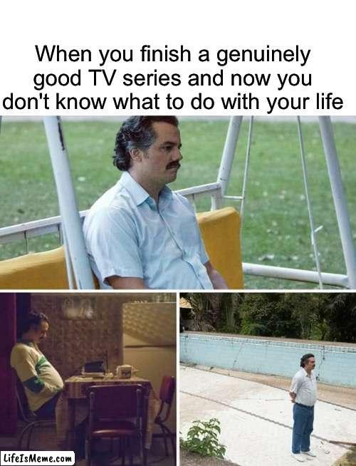 One of the most depressing feelings… | When you finish a genuinely good TV series and now you don't know what to do with your life | image tagged in memes,blank transparent square,sad pablo escobar | made w/ Lifeismeme meme maker