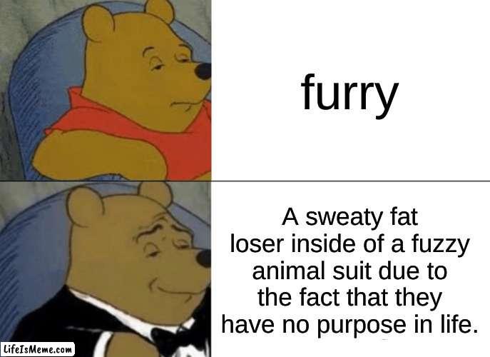 I know it's mean, but it's true, and I'm not sorry. | furry; A sweaty fat loser inside of a fuzzy animal suit due to the fact that they have no purpose in life. | image tagged in memes,tuxedo winnie the pooh | made w/ Lifeismeme meme maker
