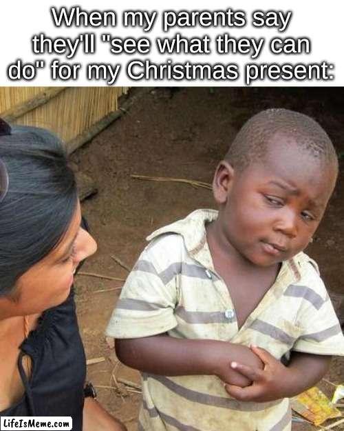 JUST TELL ME WHICH GIFT IM GETTING AND CALL IT A DAY | When my parents say they'll "see what they can do" for my Christmas present: | image tagged in memes,third world skeptical kid | made w/ Lifeismeme meme maker