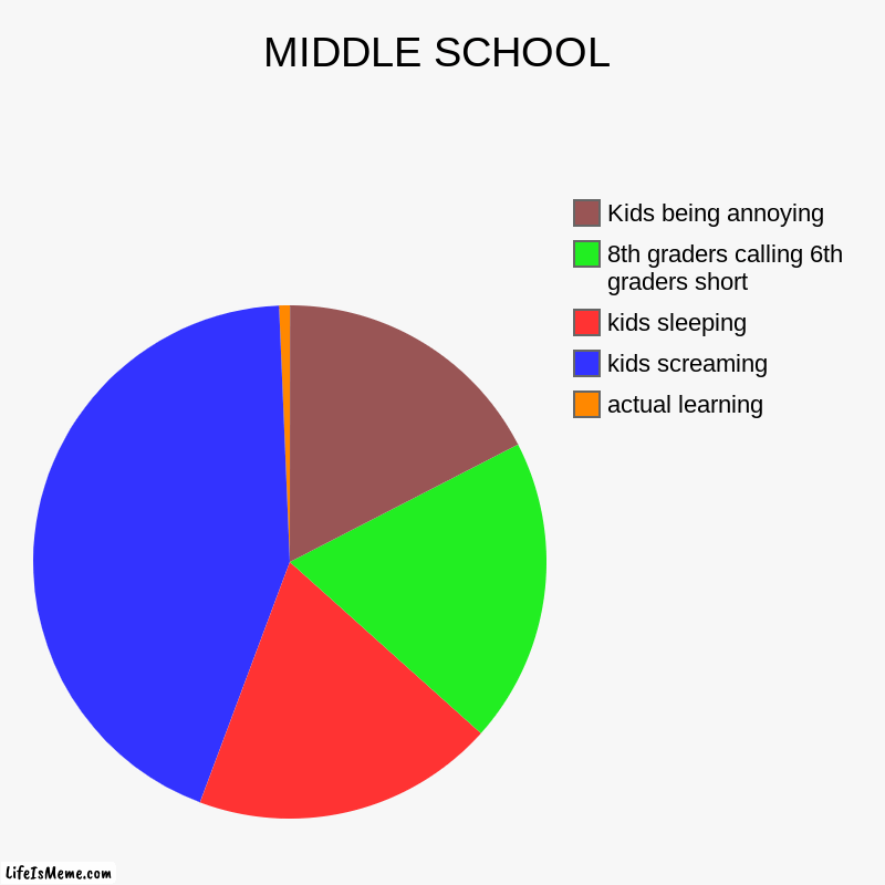Middle school chart | MIDDLE SCHOOL | actual learning, kids screaming, kids sleeping, 8th graders calling 6th graders short, Kids being annoying | image tagged in charts,pie charts,middle school | made w/ Lifeismeme chart maker