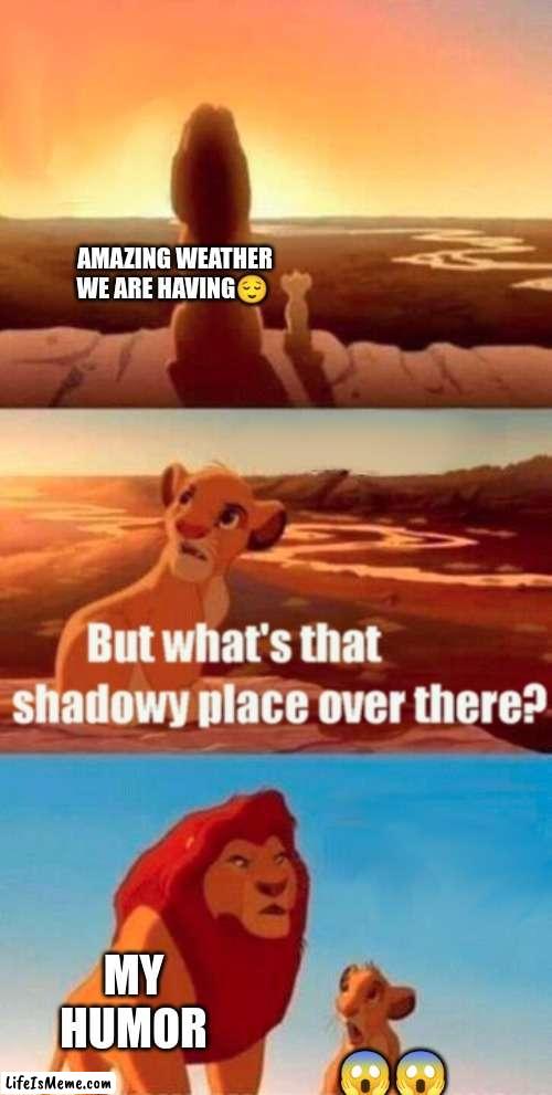 #dark humor✨ | AMAZING WEATHER WE ARE HAVING😌; MY HUMOR; 😱😱 | image tagged in memes,simba shadowy place | made w/ Lifeismeme meme maker