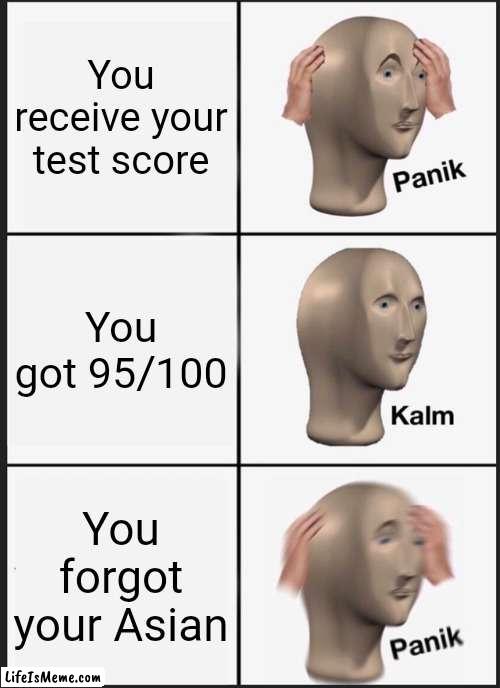 This is a joke if I offend anyone | You receive your test score; You got 95/100; You forgot your Asian | image tagged in memes,panik kalm panik,funny,test,asian,beware | made w/ Lifeismeme meme maker