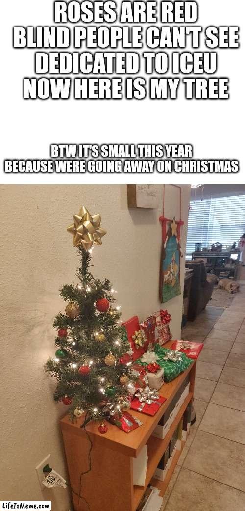 #253 | ROSES ARE RED
BLIND PEOPLE CAN'T SEE
DEDICATED TO ICEU
NOW HERE IS MY TREE; BTW IT'S SMALL THIS YEAR BECAUSE WERE GOING AWAY ON CHRISTMAS | image tagged in blank white template,christmas,christmas tree,iceu,merry christmas,happy holidays | made w/ Lifeismeme meme maker