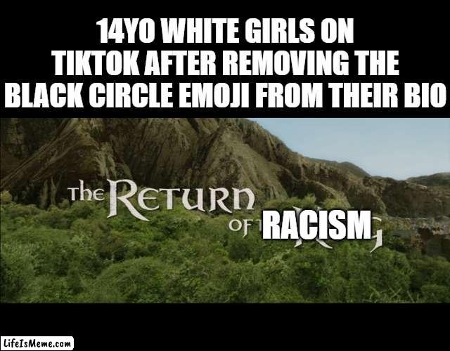 Underrated Meme template. | 14YO WHITE GIRLS ON TIKTOK AFTER REMOVING THE BLACK CIRCLE EMOJI FROM THEIR BIO; RACISM | image tagged in return of the king,funny,dark humor,memes,funny memes,tiktok | made w/ Lifeismeme meme maker