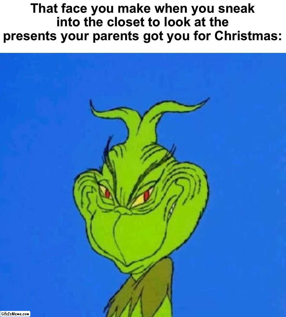 We’ve all done it at least once, right? | That face you make when you sneak into the closet to look at the presents your parents got you for Christmas: | image tagged in memes,funny,true story,relatable memes,christmas,christmas gifts | made w/ Lifeismeme meme maker