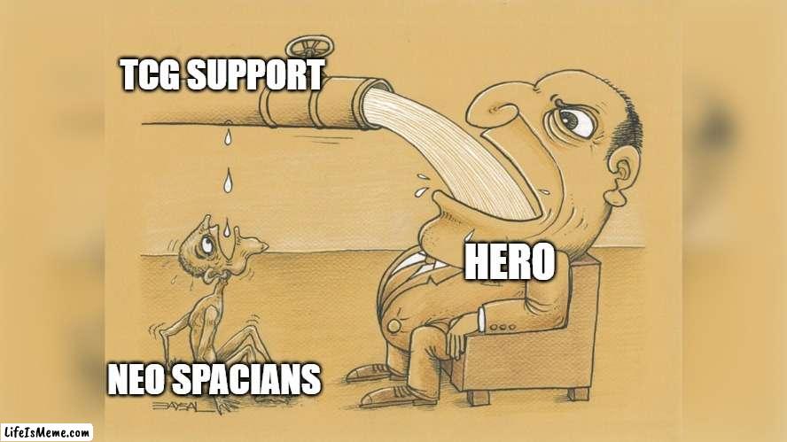 RIP Neo Spacians (Neos support doesn't count) | TCG SUPPORT; HERO; NEO SPACIANS | image tagged in man with a lot of water,yugioh | made w/ Lifeismeme meme maker