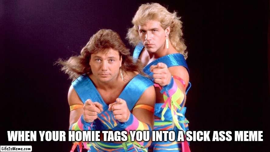 Meme Tag Team | WHEN YOUR HOMIE TAGS YOU INTO A SICK ASS MEME | image tagged in pro wrestling | made w/ Lifeismeme meme maker
