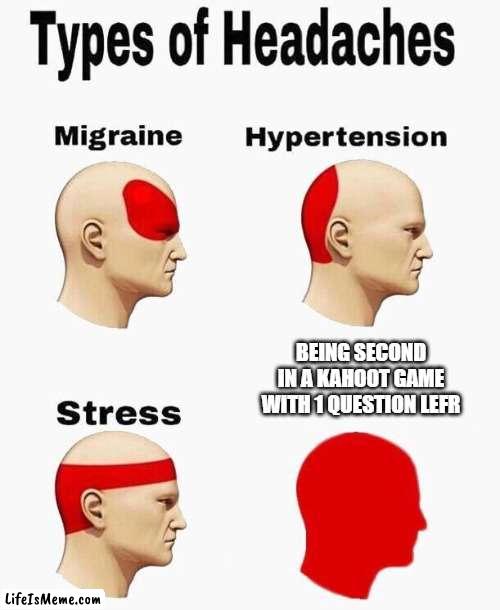 Kahoot stress | BEING SECOND IN A KAHOOT GAME WITH 1 QUESTION LEFR | image tagged in headaches | made w/ Lifeismeme meme maker