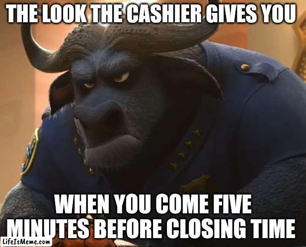 Chief Bogo is Displeased | THE LOOK THE CASHIER GIVES YOU; WHEN YOU COME FIVE MINUTES BEFORE CLOSING TIME | image tagged in chief bogo mad,zootopia,the face you make when,cashier,funny,memes | made w/ Lifeismeme meme maker