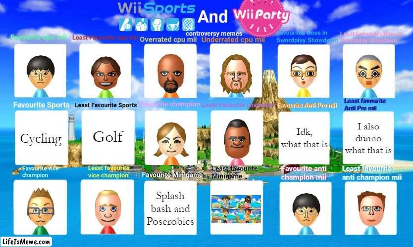 WS/WSR/WP controversy meme | I also dunno what that is; Idk, what that is; Cycling; Golf; Splash bash and Poserobics | image tagged in ws/wsr/wp controversy meme,wii sports,wii sports resort,wii party | made w/ Lifeismeme meme maker