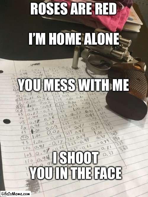The life of a homeschooled teen | ROSES ARE RED; I’M HOME ALONE; YOU MESS WITH ME; I SHOOT YOU IN THE FACE | image tagged in revolver,guns,home alone,relatable memes | made w/ Lifeismeme meme maker
