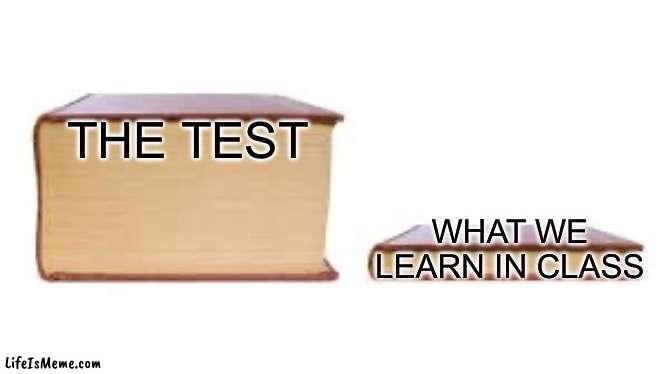 True dat….. | THE TEST; WHAT WE LEARN IN CLASS | image tagged in big book small book | made w/ Lifeismeme meme maker