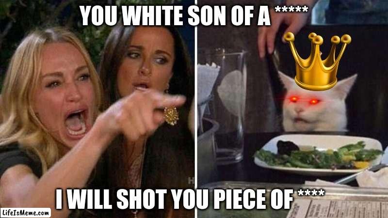 Woman yelling at white cat | YOU WHITE SON OF A *****; I WILL SHOT YOU PIECE OF **** | image tagged in woman yelling at white cat | made w/ Lifeismeme meme maker
