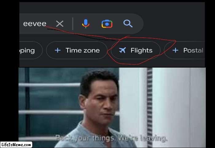 bruh wtf | image tagged in pack your things we're leaving google flights,eevee,google | made w/ Lifeismeme meme maker