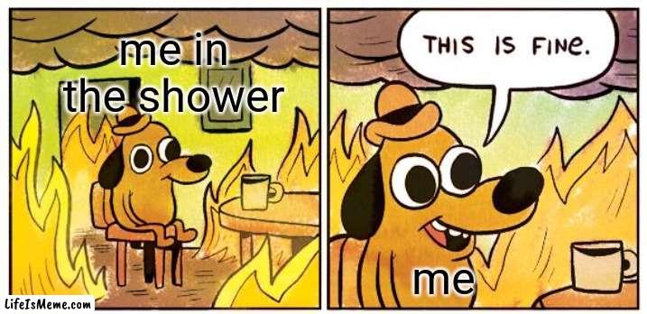 anybody else turn up the water in the shower so hot that it feels like ur gonna burn urself? I can't be the only one | me in the shower; me | image tagged in memes,this is fine,shower | made w/ Lifeismeme meme maker