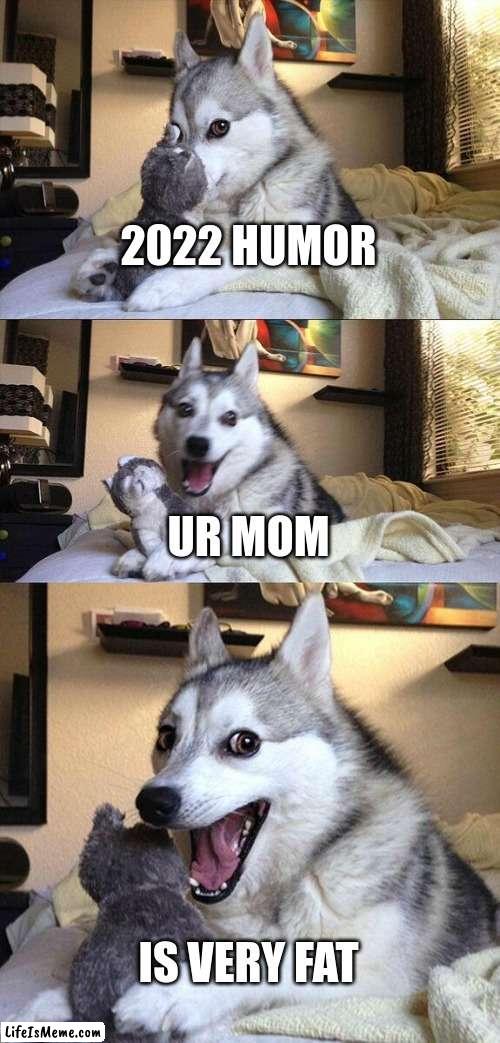 2022 humor | 2022 HUMOR; UR MOM; IS VERY FAT | image tagged in memes,bad pun dog | made w/ Lifeismeme meme maker