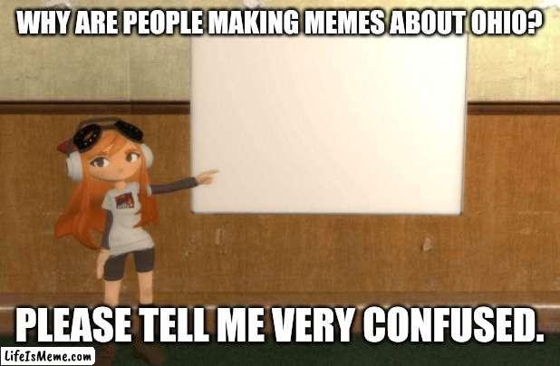 Why is Ohio the meme topic now? | WHY ARE PEOPLE MAKING MEMES ABOUT OHIO? PLEASE TELL ME VERY CONFUSED. | image tagged in smg4s meggy pointing at board | made w/ Lifeismeme meme maker