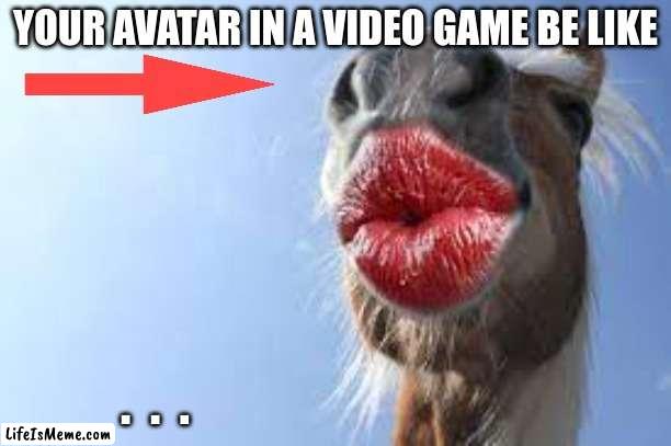 Ehrm... | YOUR AVATAR IN A VIDEO GAME BE LIKE; .  .  . | image tagged in horse,lipstick | made w/ Lifeismeme meme maker