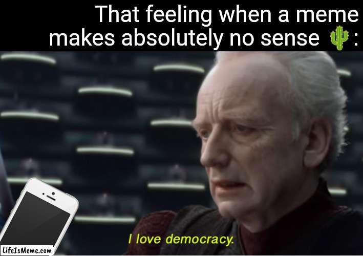 Drake Meme. | That feeling when a meme makes absolutely no sense 🌵: | image tagged in i love democracy,makes no sense,cat,memecraftia,minecraft | made w/ Lifeismeme meme maker