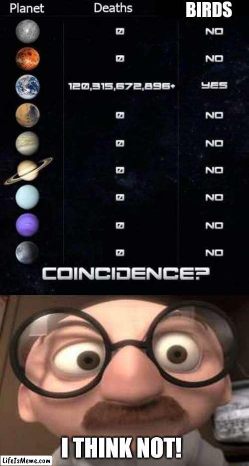 Hear me out guys... | BIRDS; I THINK NOT! | image tagged in planet death count meme,coincidence i think not,birds,conspiracy theory | made w/ Lifeismeme meme maker
