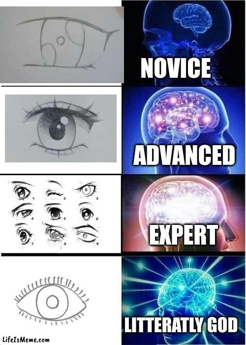 yes yes 100% true yes yes | NOVICE; ADVANCED; EXPERT; LITTERATLY GOD | image tagged in memes,expanding brain | made w/ Lifeismeme meme maker