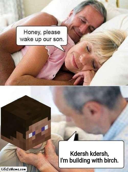 *scared Steve noices* | Kdersh kdersh,
I'm building with birch. | image tagged in honey please wake up our son,funny memes | made w/ Lifeismeme meme maker