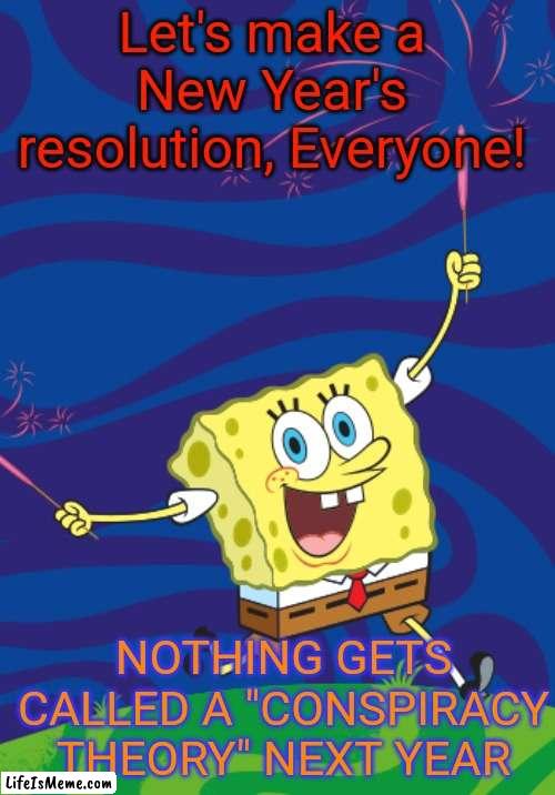Seriously, Give it a break! | Let's make a New Year's resolution, Everyone! NOTHING GETS CALLED A "CONSPIRACY THEORY" NEXT YEAR | image tagged in happy new year,new years resolutions,conspiracy theory | made w/ Lifeismeme meme maker