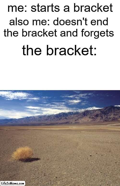 it's everywhere in my book lol | me: starts a bracket; also me: doesn't end the bracket and forgets; the bracket: | image tagged in desert tumbleweed | made w/ Lifeismeme meme maker