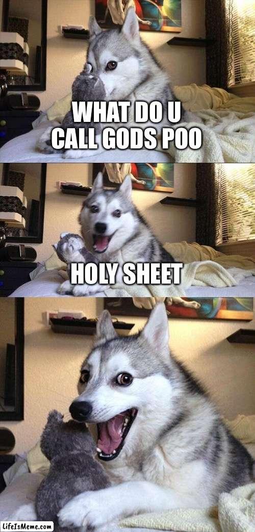 Had to bleep it out or imgflip would not allow it | WHAT DO U CALL GODS POO; HOLY SHEET | image tagged in memes,bad pun dog | made w/ Lifeismeme meme maker