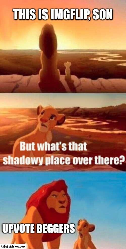 This is to all you upvote beggers... | THIS IS IMGFLIP, SON; UPVOTE BEGGERS | image tagged in memes,simba shadowy place,upvote begging | made w/ Lifeismeme meme maker