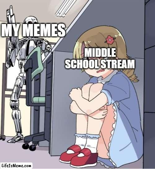 yes, I'm in school | MY MEMES; MIDDLE SCHOOL STREAM | image tagged in anime girl hiding from terminator,middle school,unfunny | made w/ Lifeismeme meme maker