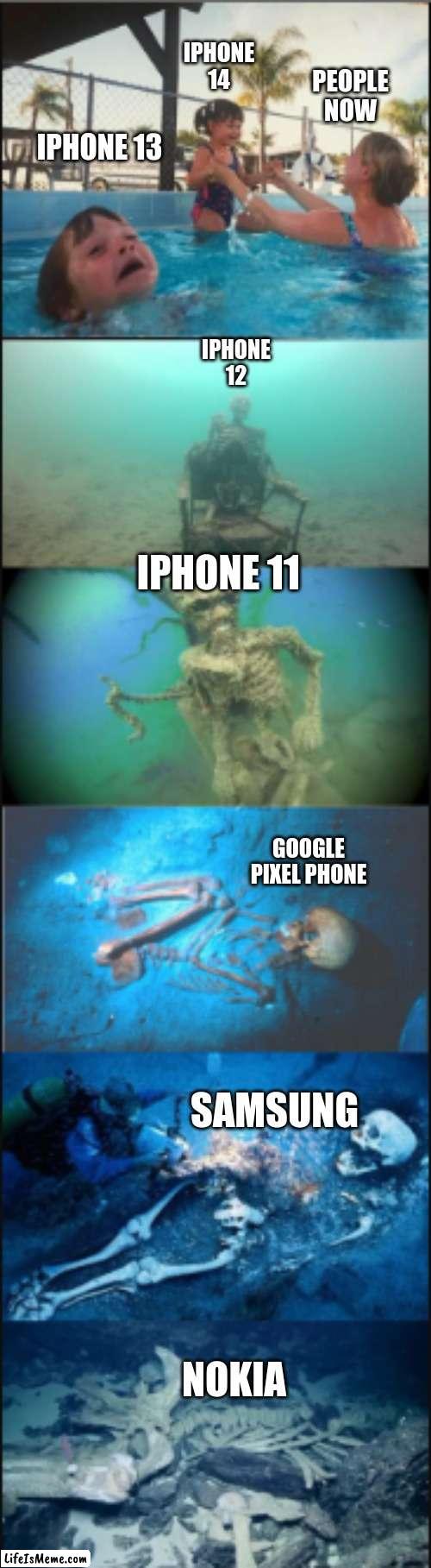 Phones now | IPHONE 14; PEOPLE NOW; IPHONE 13; IPHONE 12; IPHONE 11; GOOGLE PIXEL PHONE; SAMSUNG; NOKIA | image tagged in mother ignoring kid drowning in a pool | made w/ Lifeismeme meme maker