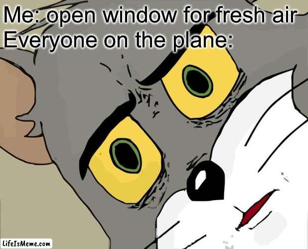 *gets sucked out* | Me: open window for fresh air; Everyone on the plane: | image tagged in memes,unsettled tom | made w/ Lifeismeme meme maker