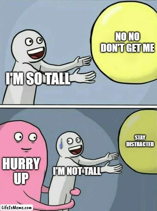 when you think your tall | NO NO DON'T GET ME; I'M SO TALL; STAY DISTRACTED; HURRY UP; I'M NOT TALL | image tagged in memes,running away balloon | made w/ Lifeismeme meme maker