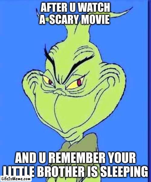 im bad | AFTER U WATCH A  SCARY MOVIE; AND U REMEMBER YOUR LITTLE BROTHER IS SLEEPING | image tagged in good grinch | made w/ Lifeismeme meme maker