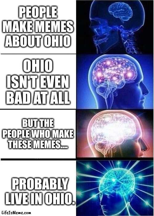 Just don't make Ohio memes | PEOPLE MAKE MEMES ABOUT OHIO; OHIO ISN'T EVEN BAD AT ALL; BUT THE PEOPLE WHO MAKE THESE MEMES.... PROBABLY LIVE IN OHIO. | image tagged in memes,expanding brain | made w/ Lifeismeme meme maker
