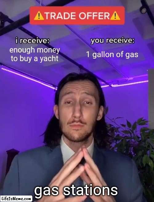 Gas in 2022 | enough money to buy a yacht; 1 gallon of gas; gas stations | image tagged in trade offer,gas | made w/ Lifeismeme meme maker