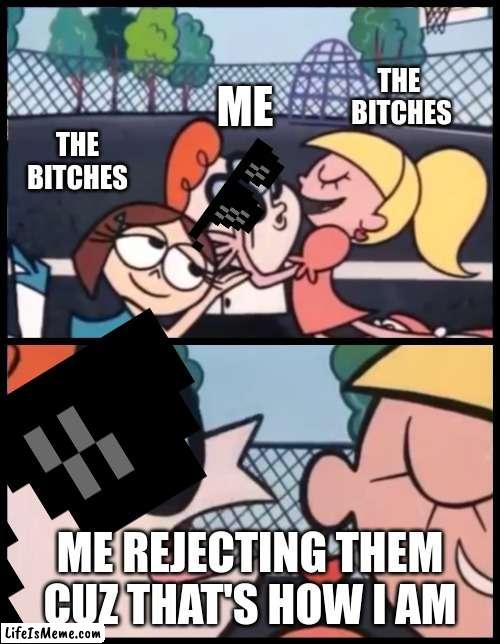 i get bitches | THE 
BITCHES; THE BITCHES; ME; ME REJECTING THEM CUZ THAT'S HOW I AM | image tagged in memes,say it again dexter | made w/ Lifeismeme meme maker
