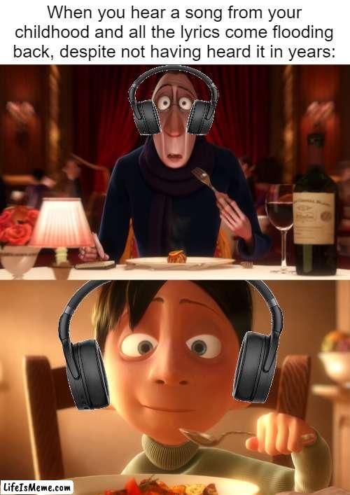 "I remember that song when i was a child!" | When you hear a song from your childhood and all the lyrics come flooding back, despite not having heard it in years: | image tagged in nostalgia,music,memes,funny,so true memes,childhood | made w/ Lifeismeme meme maker