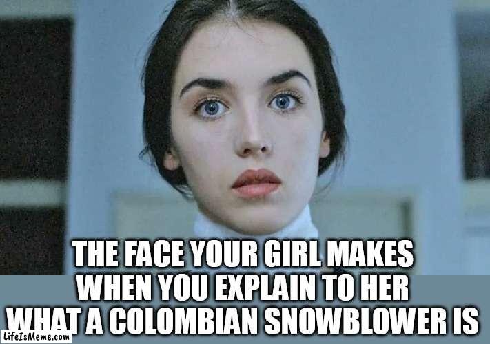 The face your girl makes when you explain to her what a Colombian snowblower is | THE FACE YOUR GIRL MAKES WHEN YOU EXPLAIN TO HER WHAT A COLOMBIAN SNOWBLOWER IS | image tagged in surprise,funny,girl,colombian snowblower,cocaine | made w/ Lifeismeme meme maker