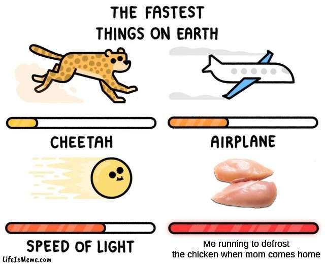 *panic mode activated* | Me running to defrost the chicken when mom comes home | image tagged in fastest thing possible,memes,funny,true story,relatable memes,oh no | made w/ Lifeismeme meme maker
