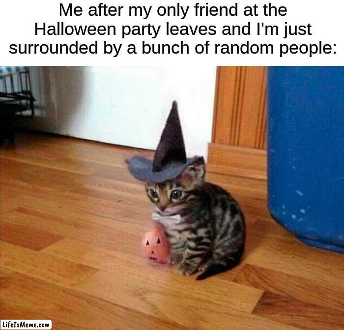 This has to be the worst feeling | Me after my only friend at the Halloween party leaves and I'm just surrounded by a bunch of random people: | image tagged in memes,funny,true story,halloween,spooky month,costume | made w/ Lifeismeme meme maker