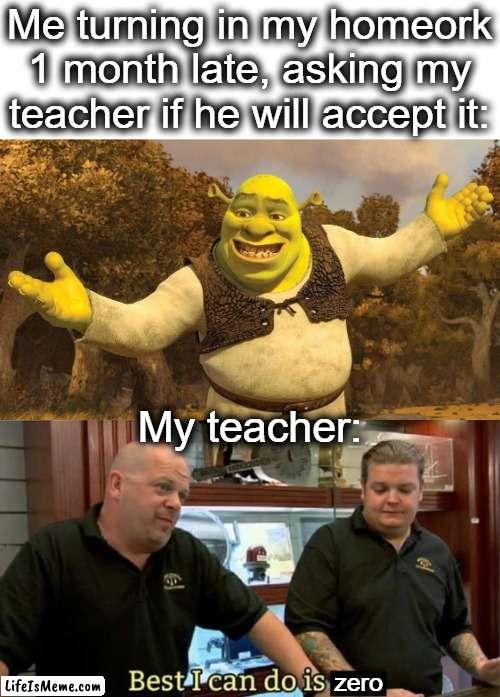 at least i tried lol | Me turning in my homeork 1 month late, asking my teacher if he will accept it:; My teacher:; zero | image tagged in shrek,best i can do,shrek is life,best,homework,lol | made w/ Lifeismeme meme maker