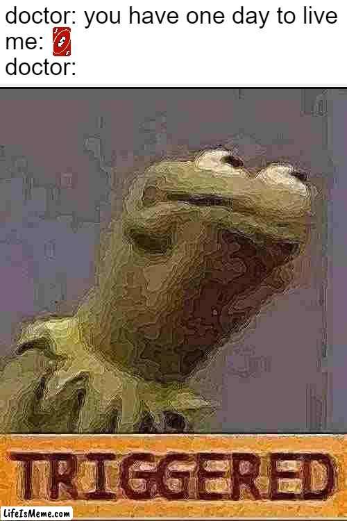 uno+reverse+space=no u | doctor: you have one day to live
me:
doctor: | image tagged in kermit triggered | made w/ Lifeismeme meme maker