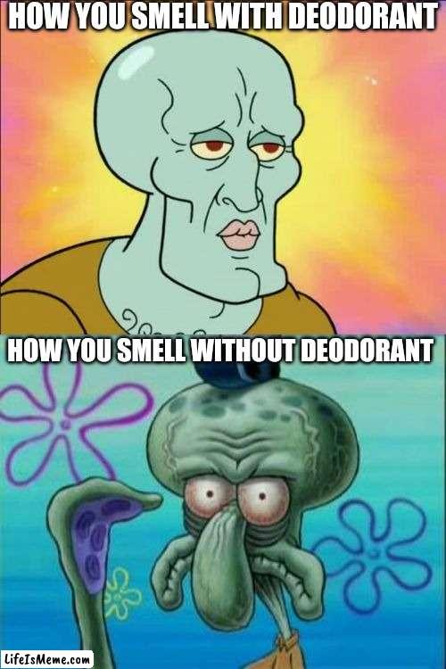 WITH vs WITHOUT DEODORANT | HOW YOU SMELL WITH DEODORANT; HOW YOU SMELL WITHOUT DEODORANT | image tagged in memes,squidward,handsome squidward,be like,reality | made w/ Lifeismeme meme maker